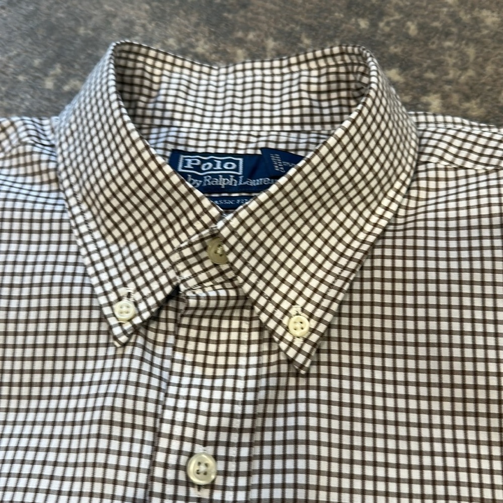 RALPH LAUREN BROWN AND WHITE CHECKERED SIZE M SHIRT - Picture 8 of 9